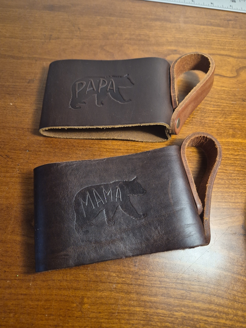 Portland Leather Brown 'Mama' & 'Papa' Bear Leather Bottle Sleeves with Loops